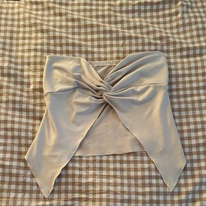 Twist Front Strapless Satin Top in Beige